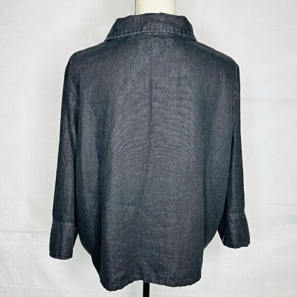 Flax 100% Black Linen Jacket Womens Sz M Button-Front Lagenlook Slash Pockets - Picture 6 of 6